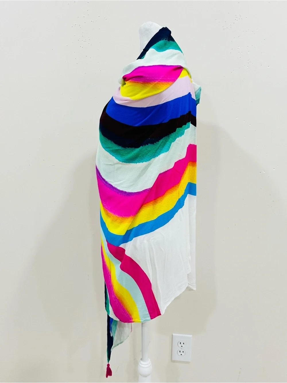 Vibrant Rainbow Stripe Poncho Swim Cover Up Beach Sarong Caftan Wrap Tassels OS‎